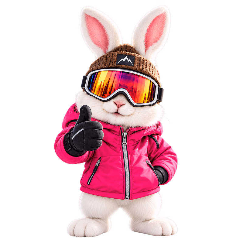 Skihase mit pinker Jacke und Skibrille