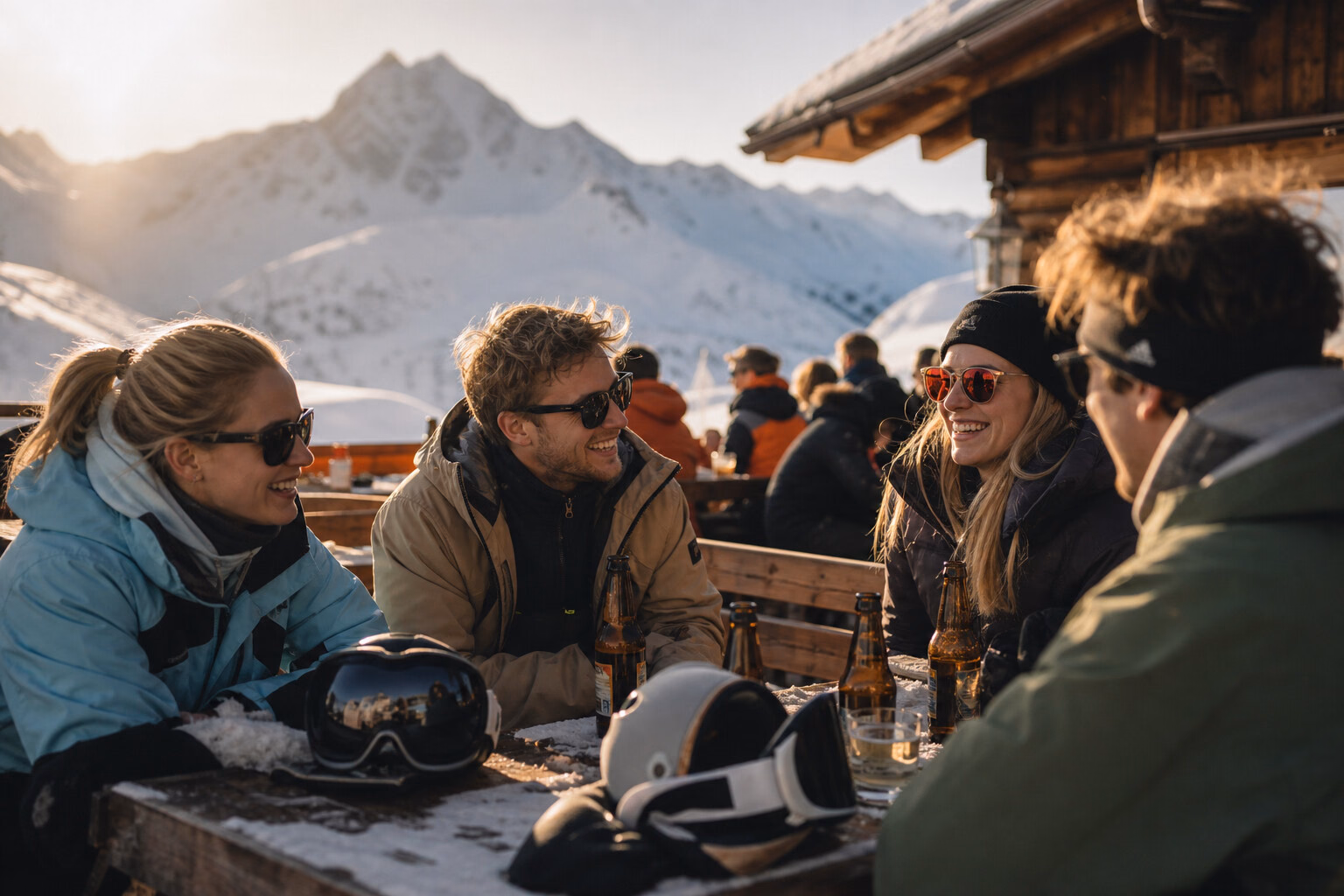 Studierende beim Après-Ski in der Sonne auf der Hüttenterrasse