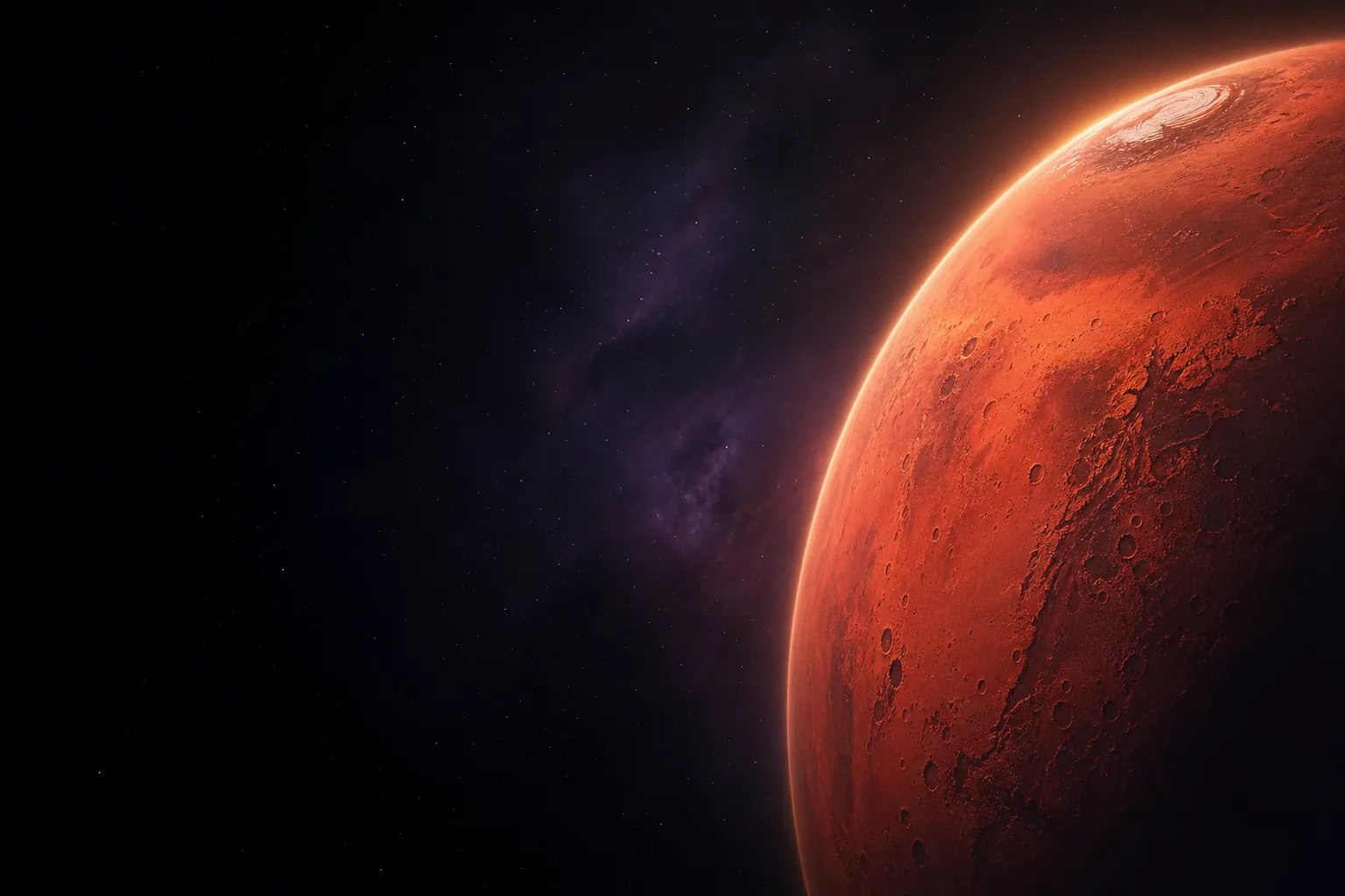 A cinematic sci-fi hero image: the planet Mars looms large on the right side of the frame, its rust-red and orange surface lit dramatically by a distant unseen sun that draws a glowing amber rim along the planet's curved horizon. The left two-thirds of the frame is deep, near-black outer space with only a soft drifting purplish-blue nebula and a faint scatter of distant stars - pure empty negative space. Painterly stylised concept-art aesthetic in the spirit of Offworld Trading Company, with bold colour blocking and atmospheric depth.